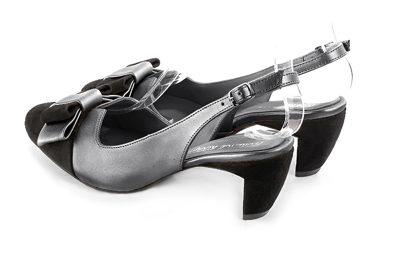 Matt black and dove grey women's open back shoes, with a knot. Round toe. Medium comma heels. Rear view - Florence KOOIJMAN